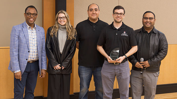 OneIT Innovation Awardee Kevin Krick with OneIT Awards Committee members Kirk Campbell, Taylor Jaress, Kevin Perez, and Ed Legaspi.