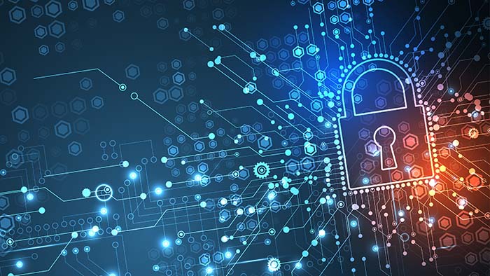 Digital padlock surrounded by circuit lines and glowing nodes, symbolizing cybersecurity and data protection.