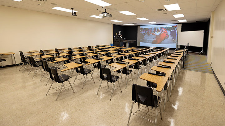 Classroom with podium and projection screen