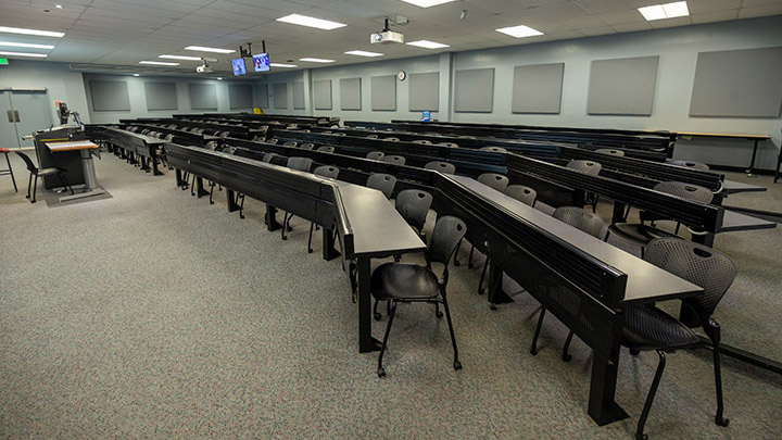 classroom with podium in the foreground