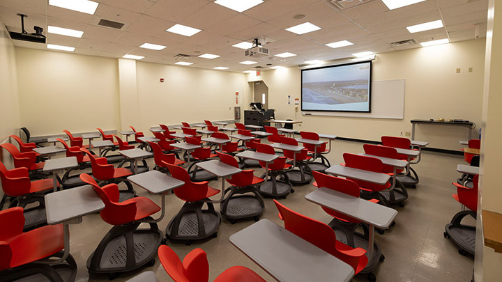 Classroom with podium and projection screen