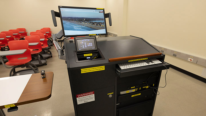 View of instructor podium with integrated tech