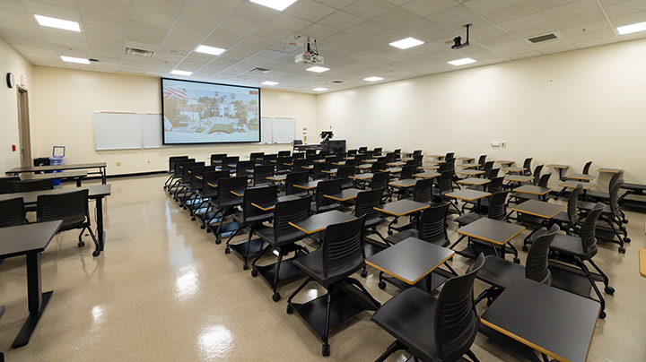 Classroom with podium and projection screen