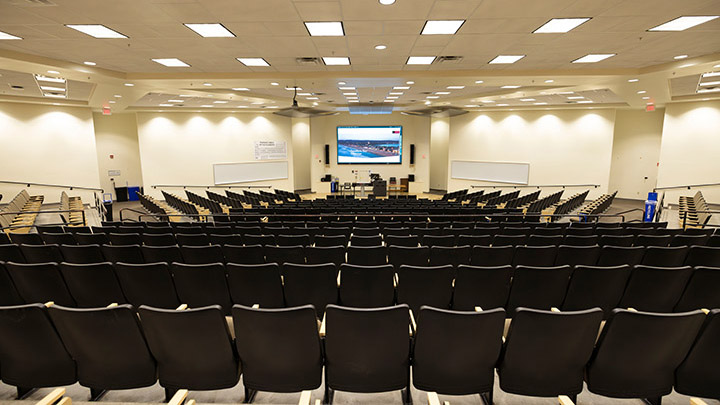 Classroom with podium and projection screen