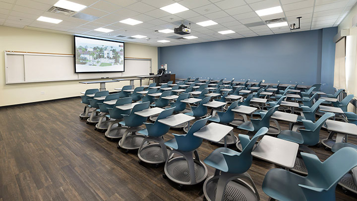 Classroom with podium and projection screen