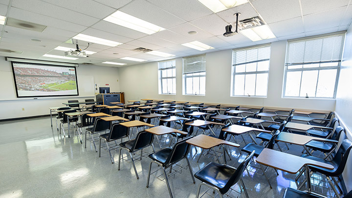 Classroom with podium and projection screen