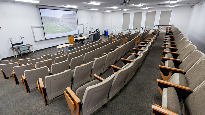 Classroom with podium and projection screen