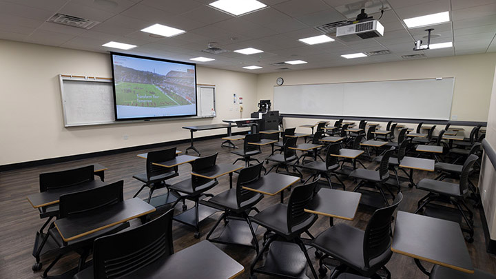 Classroom with podium and projection screen