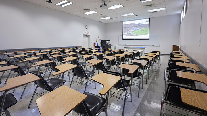 Classroom with podium and projection screen