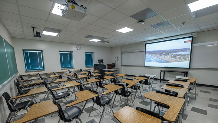 Classroom with podium and projection screen