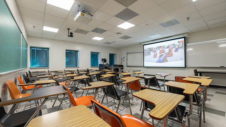 Classroom with podium and projection screen