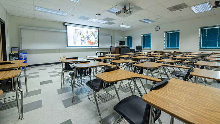 Classroom with podium and projection screen