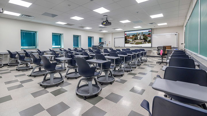 classroom with podium and projection screen in background