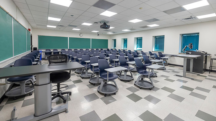 Front of classroom showing the podium and projector