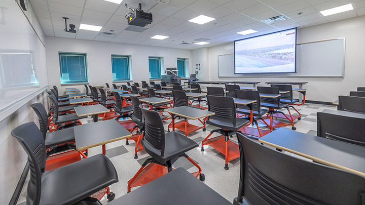 Classroom with podium and projection screen