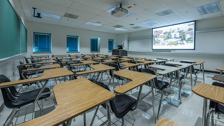 Classroom with podium and projection screen