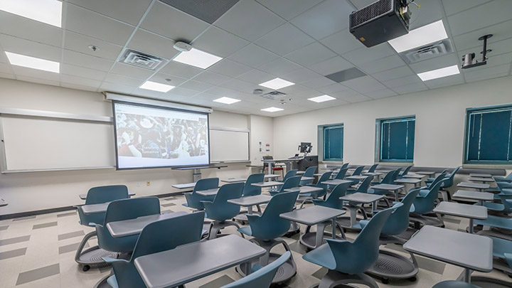 Classroom with podium and projection screen