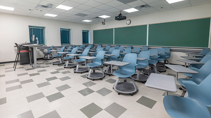 Front of classroom showing the podium and projector