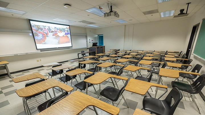 Classroom with podium and projection screen