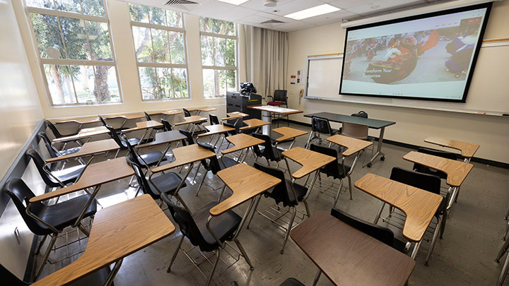 Classroom with podium and projection screen