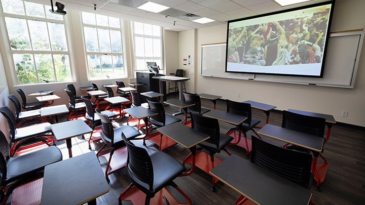 Classroom with podium and projection screen