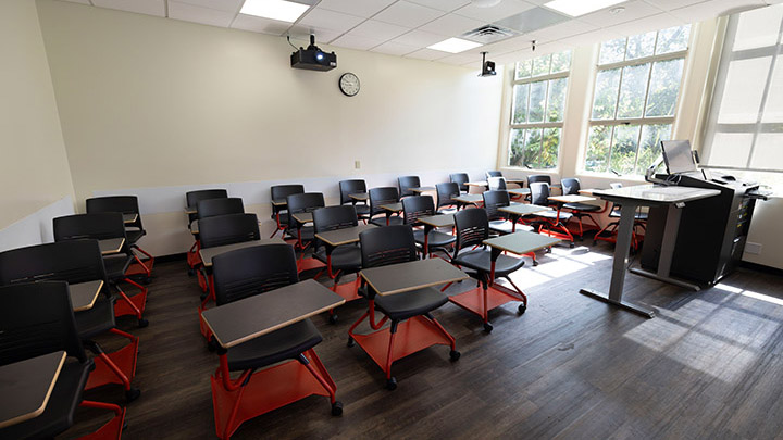 Front of classroom showing the podium and projector