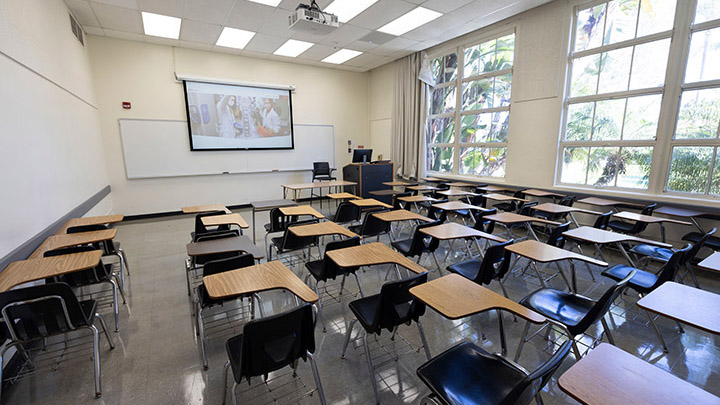 Classroom with podium and projection screen