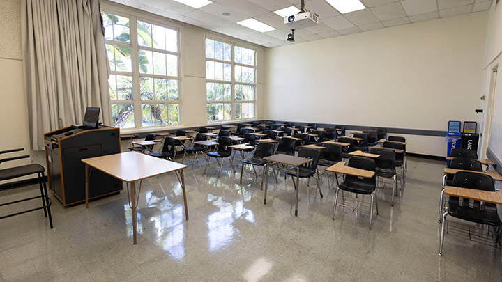 Front of classroom showing the podium and projector