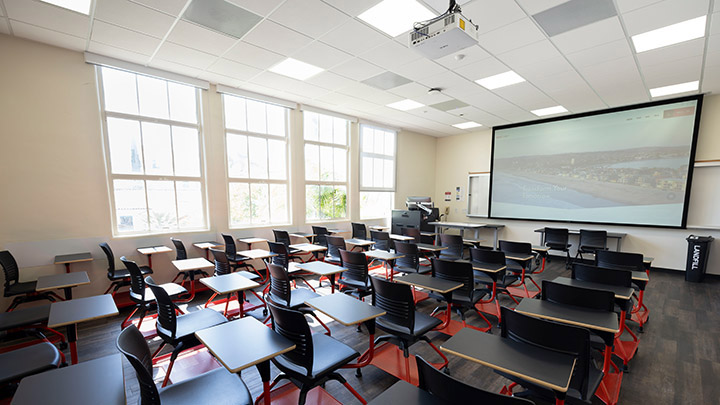 Classroom with podium and projection screen