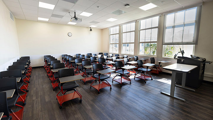 Front of classroom showing the podium and projector