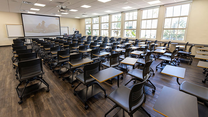 Classroom with podium and projection screen