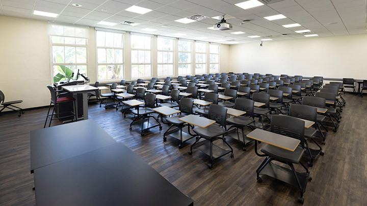 Front of classroom showing the podium and projector