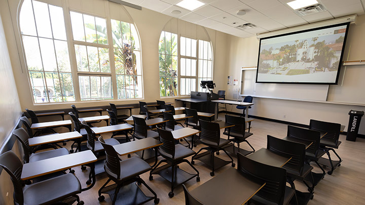 Classroom with podium and projection screen