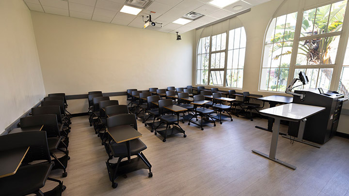 Front of classroom showing the podium and projector