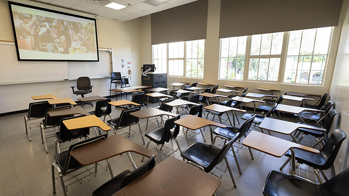 Classroom with podium and projection screen