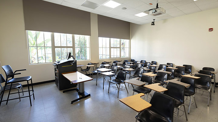 Front of classroom showing the podium and projector