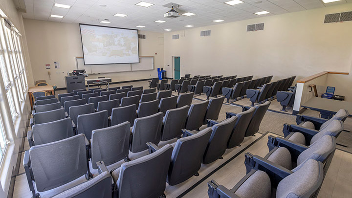 Classroom with podium and projection screen