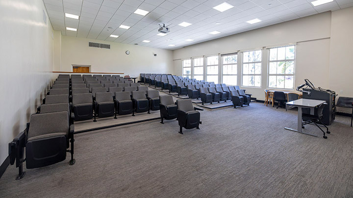 Front of classroom showing the podium and projector