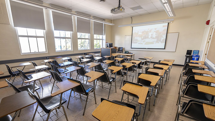 Classroom with podium and projection screen