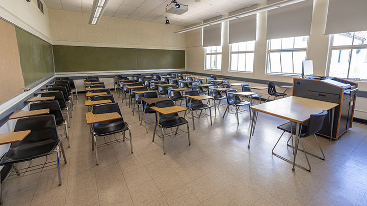 Front of classroom showing the podium and projector222