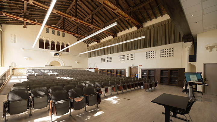 Front of classroom showing the seating and projector