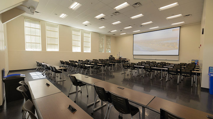 Classroom with podium and projection screen