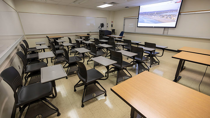 Classroom with podium and projection screen