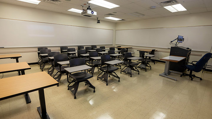 Front of classroom showing the podium and projector