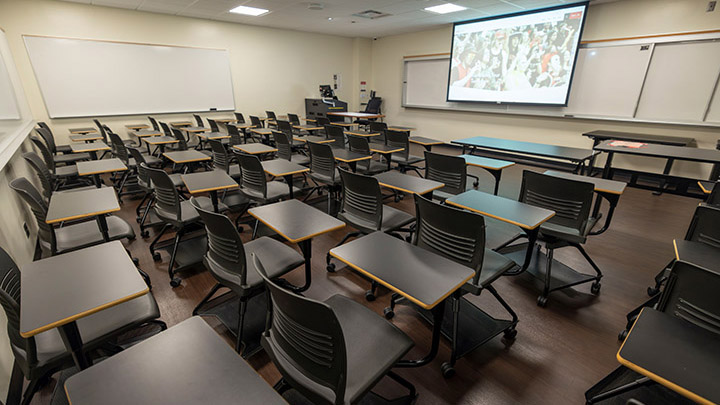 Classroom with podium and projection screen