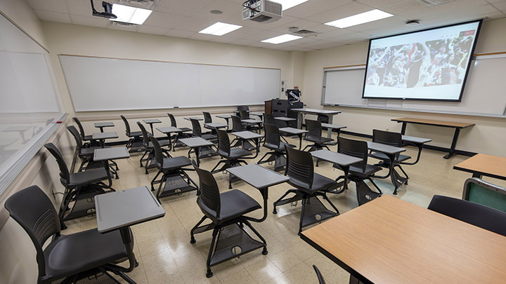 Classroom with podium and projection screen