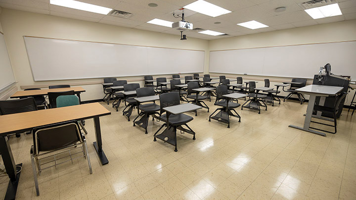 Front of classroom showing the podium and projector