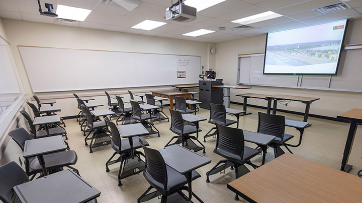 Classroom with podium and projection screen