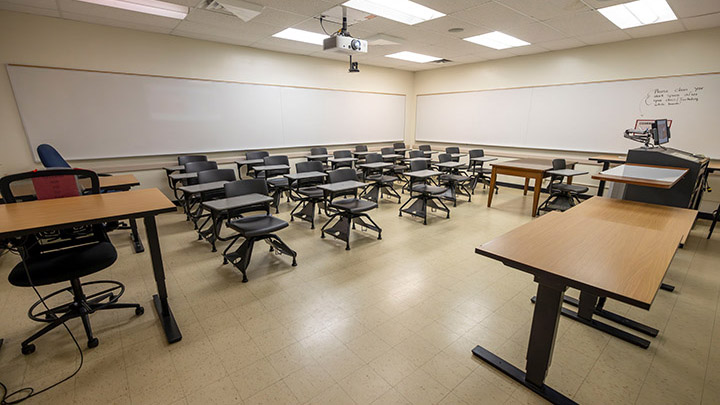 Front of classroom showing the podium and projector