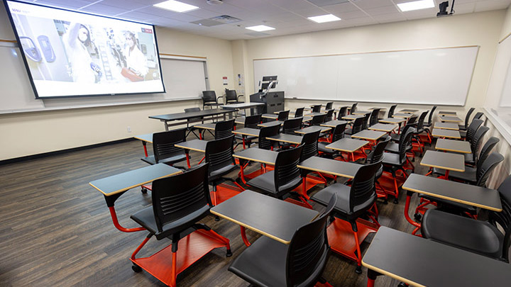 Classroom with podium and projection screen